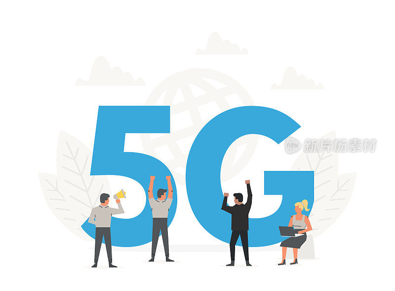 Office people standing around a big letters 5G. Fifth generation network wireless, internet technology